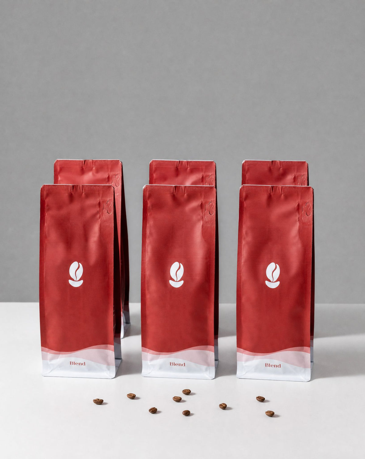 Shipper Six: six 300g bags of Bean Shipper house blends on a white table against a grey wall