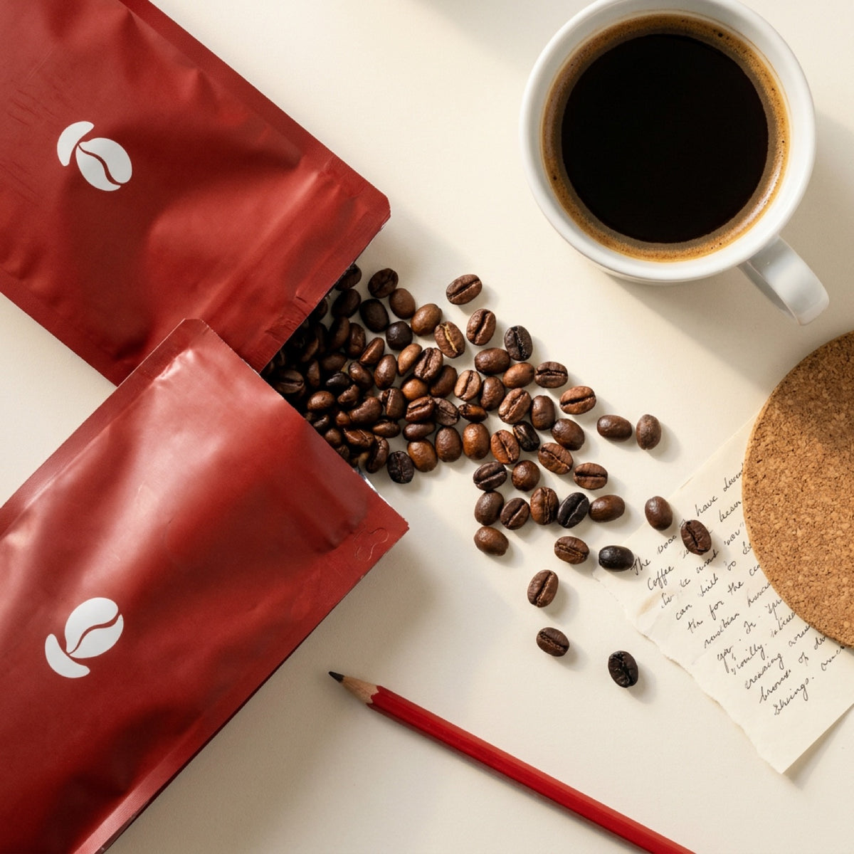 Two Bean Shipper bags spilling beans beside a fresh cup and a handwritten note