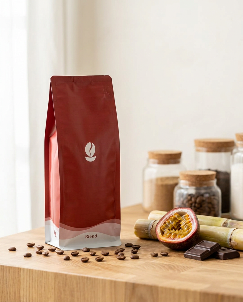 A red Bean Shipper Blend bag on a wooden counter with coffee beans, a halved passion fruit, sugar cane and dark chocolate in soft window light
