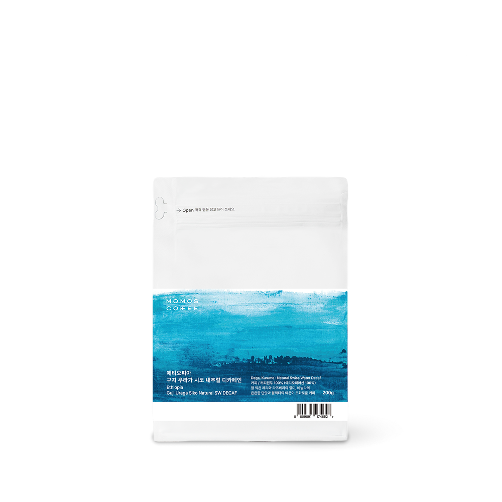 Decaf Ethiopia Guji Uraga Siko Natural — roasted by Momos Coffee, Busan. Cherry, Raspberry, Black Tea, Vanilla, White Chocolate.