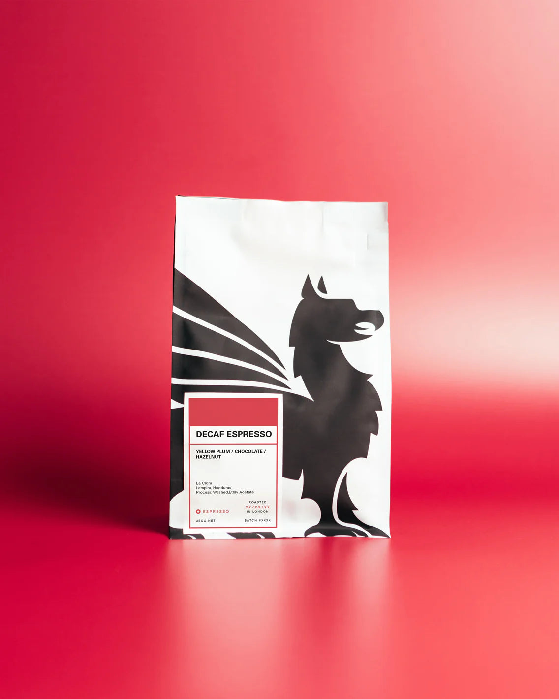 Bean Shipper Decaf Espresso single origin coffee beans 350g red bag, front of pack