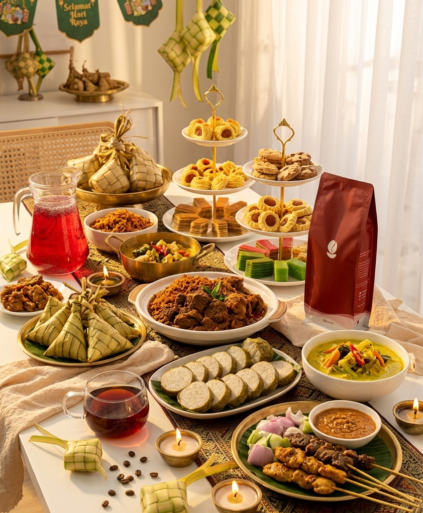 Diverse array of food items on a table with a festive background