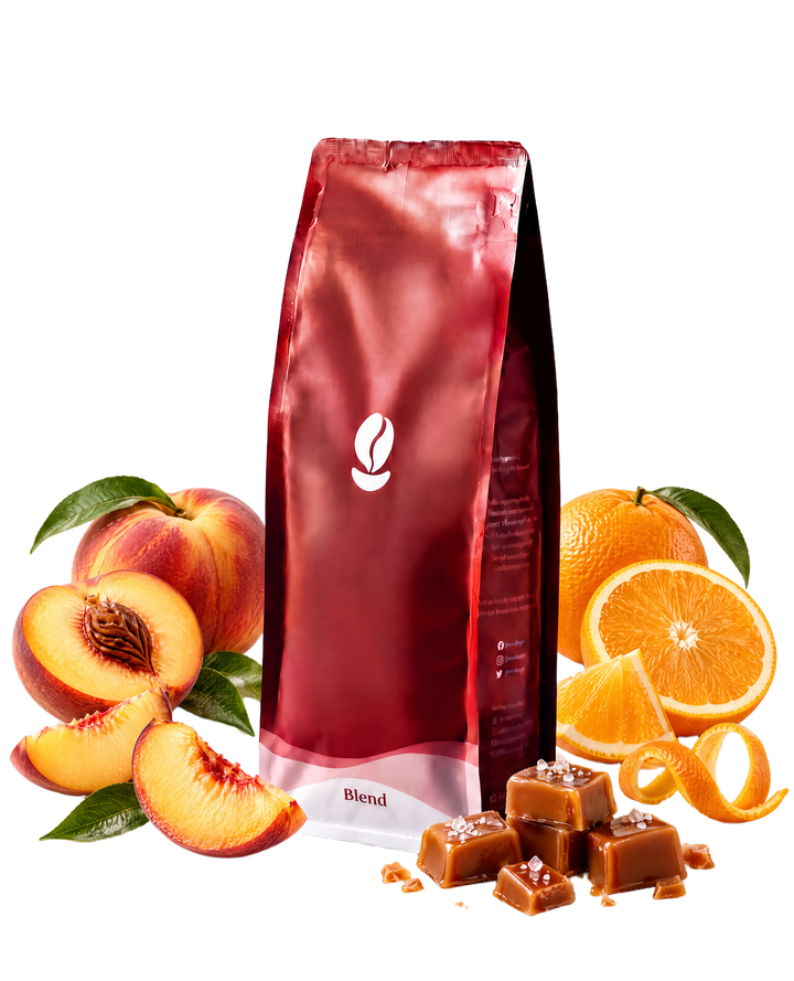 Peach Strudel — Bean Shipper medium-dark roast coffee blend with notes of peach, orange and toffee