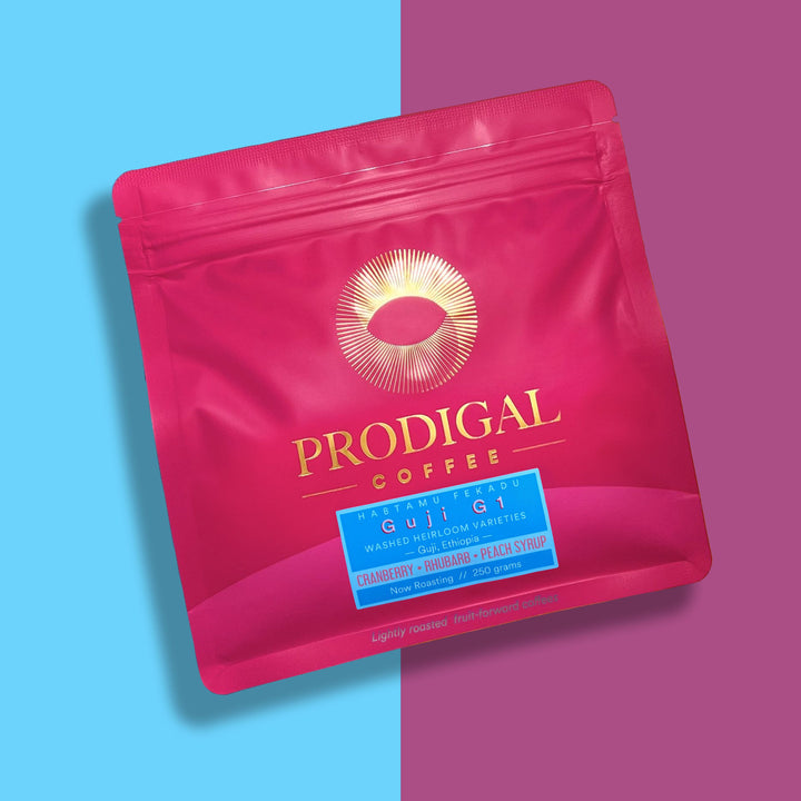 Ethiopia Habtamu Guji G1 - Washed — roasted by Prodigal Coffee, Colorado. Cranberry, Rhubarb, Peach Syrup.