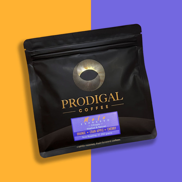 Mulu Espresso — roasted by Prodigal Coffee, Colorado. Orange, Cran-Apple, Cherry.