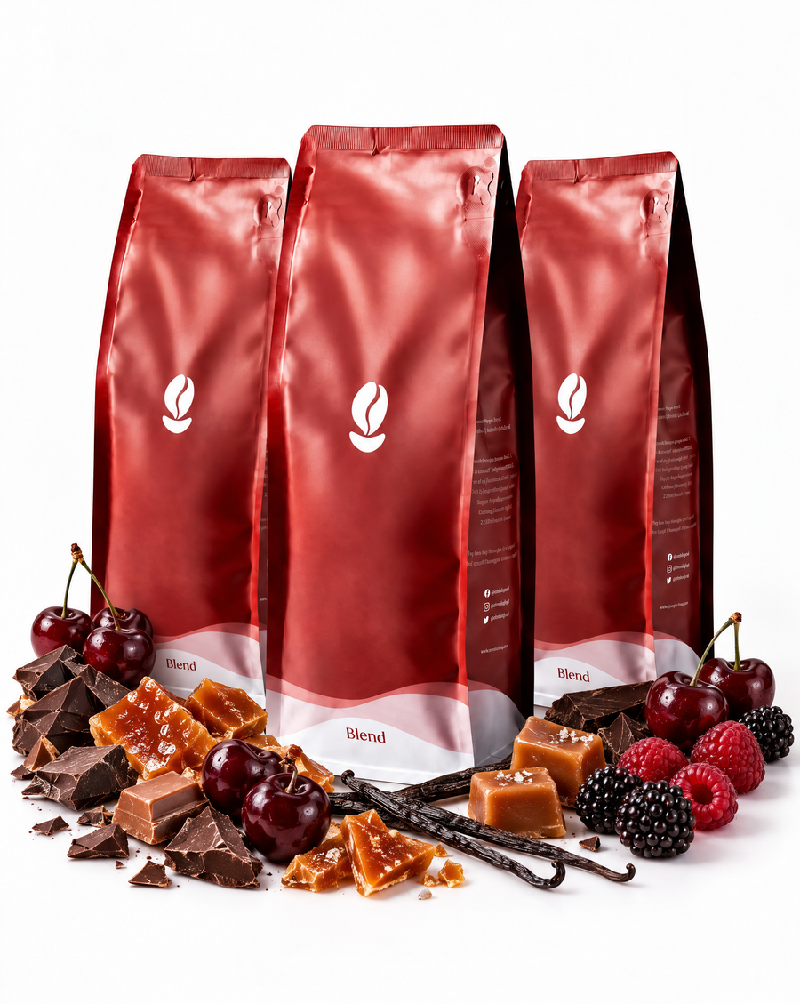 Dessert Trio, Dark Roast: three red Bean Shipper coffee bags with dark cherries, dark and milk chocolate, toffee, caramel, vanilla pods and berries