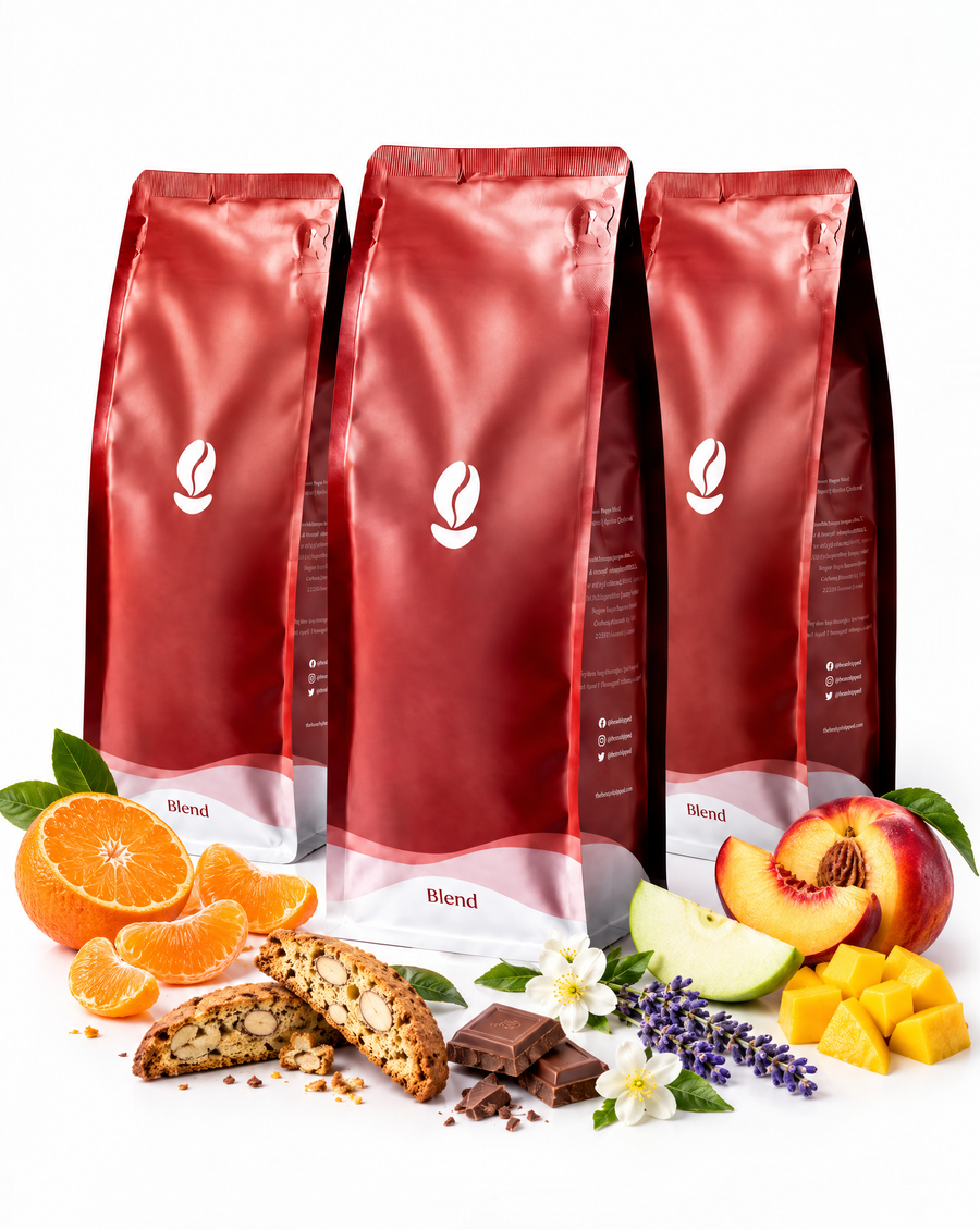 Dessert Trio, Medium Roast: three red Bean Shipper coffee bags with tangerine, biscotti, milk chocolate, nectarine, green apple, mango, lavender and jasmine