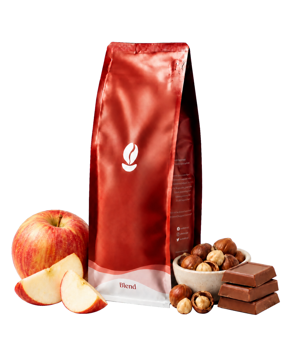El Salvador El Borbollon, red Bean Shipper bag with a Fuji apple, hazelnuts and milk chocolate