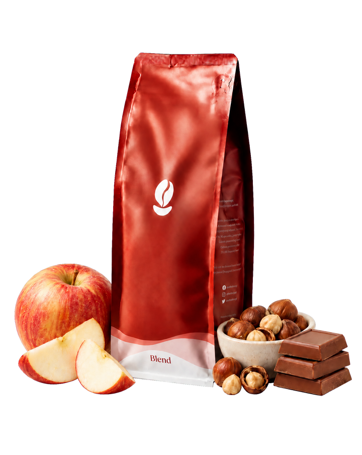 El Salvador El Borbollon, red Bean Shipper bag with a Fuji apple, hazelnuts and milk chocolate