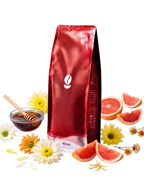Ethiopia Sidamo G1 Bekele Belachew Finchawa — Bean Shipper bag with tualang honey, chrysanthemum and grapefruit, transparent background