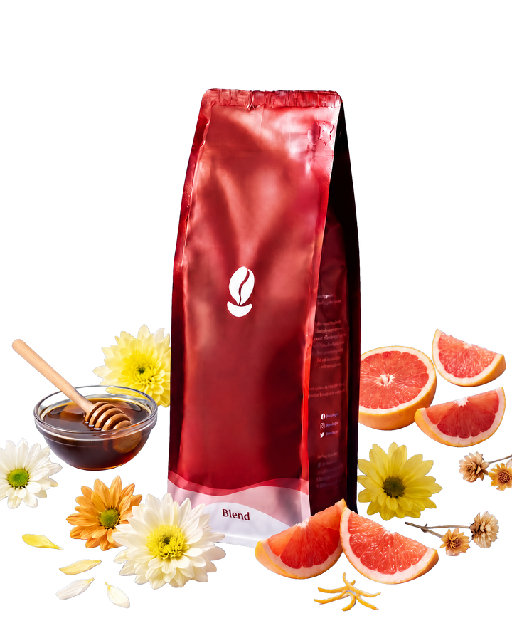 Ethiopia Sidamo G1 Bekele Belachew Finchawa — Bean Shipper bag with tualang honey, chrysanthemum and grapefruit, transparent background