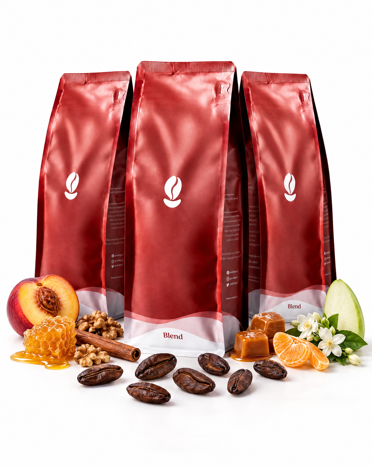 Liberica Trio: three red Bean Shipper coffee bags with honeycomb, nectarine, walnuts, caramel, cinnamon, mandarin, green apple, jasmine and roasted Liberica beans