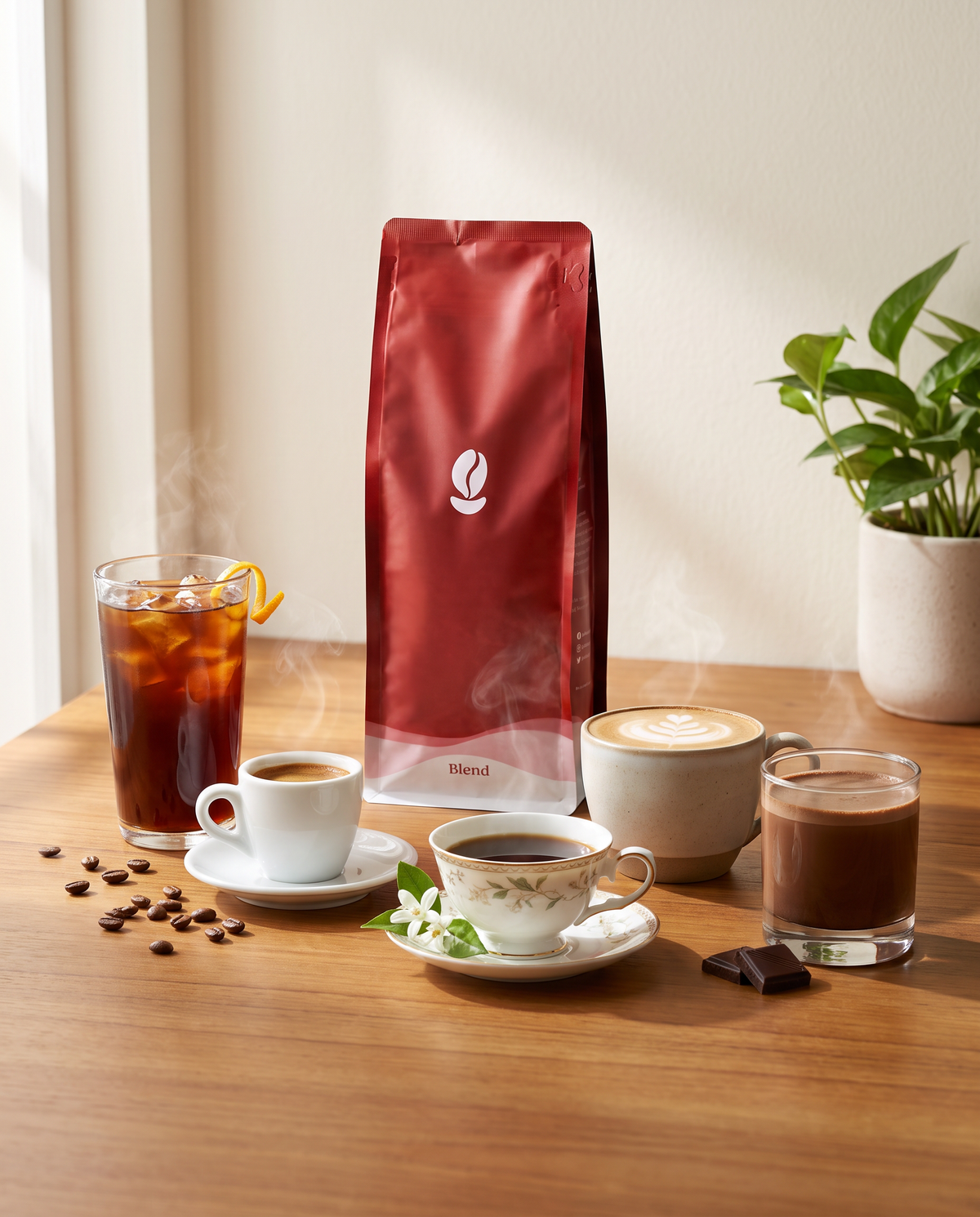 A red Bean Shipper coffee bag on a teak kitchen counter behind five different coffees: an iced pour-over with orange peel, an espresso, a floral teacup of black coffee with jasmine, a flat white and a glass of mocha