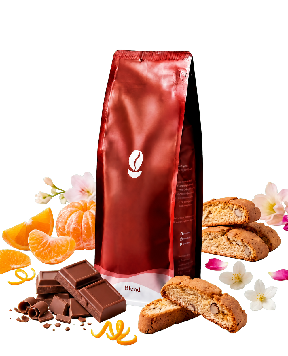 Tangy Éclair — Bean Shipper bag with mandarin, chocolate and biscotti, transparent background