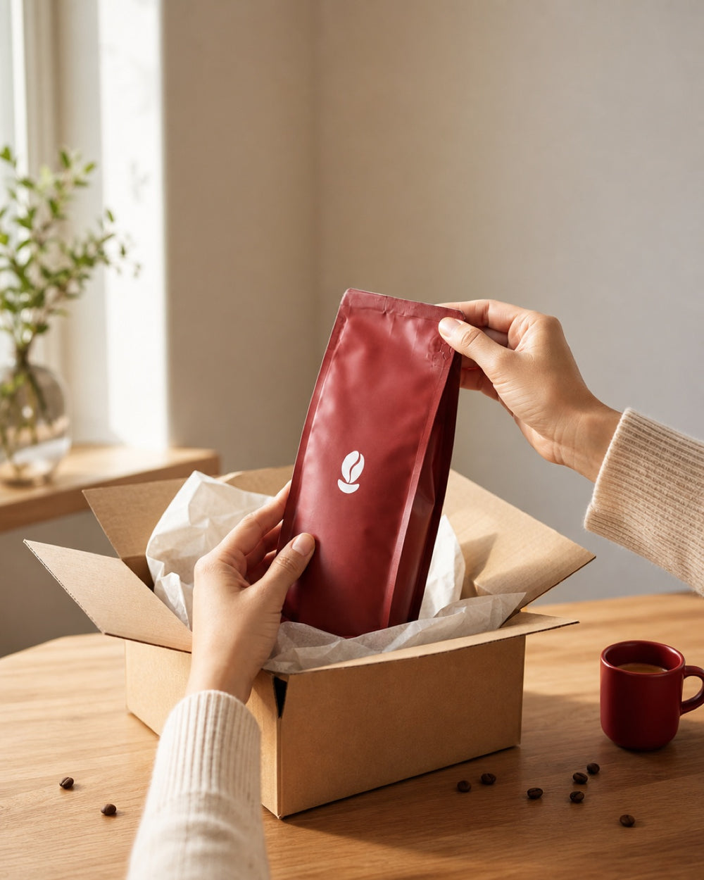 Lifting a Bean Shipper bag out of its box beside a red mug